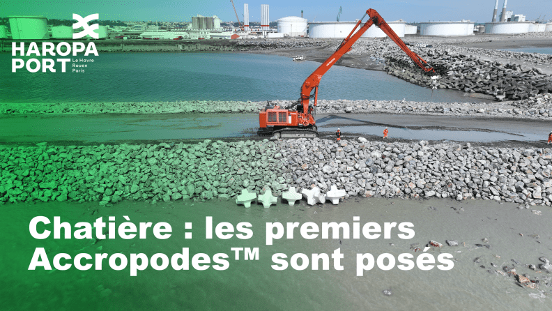 Visuel représentant les premiers Accropodes™ posés sur le chantier de la chatière au Havre